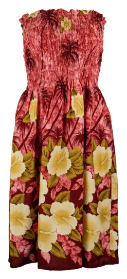 Ladies Elastic Tube Dress - Hibiscus Palm: Red
