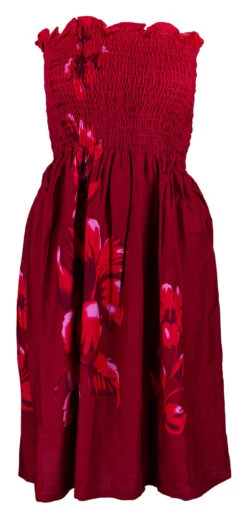 Ladies Elastic Tube Dress - Hibiscus Watercolor: Red