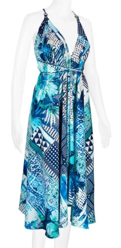 Robin Ruth® Maxi Dress: Blue Palm -Fashion Store 68484 RRMaxiDress Halter BluePalm Model RightView 99658.1689792095