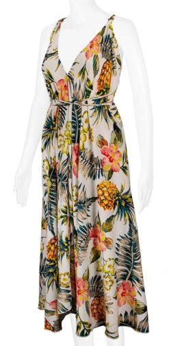 Robin Ruth® Maxi Dress: Pineapple Floral -Fashion Store 68484 RRMaxiDress Halter PineappleFloral Model LeftView 01152.1709174393