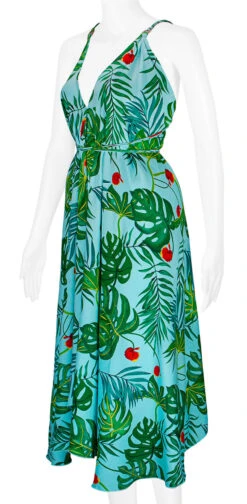 Robin Ruth® Maxi Dress: Tropical Fronds -Fashion Store 68484 RRMaxiDress Halter TropicalFronds Model LeftView 72287.1689793664