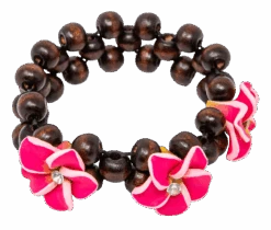 Three Plumeria Wood Bead Bracelet: Pink