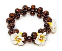 Three Plumeria Wood Bead Bracelet: White