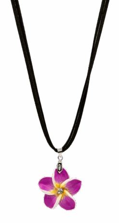 Plumeria Pendant On Corded Necklace: Purple