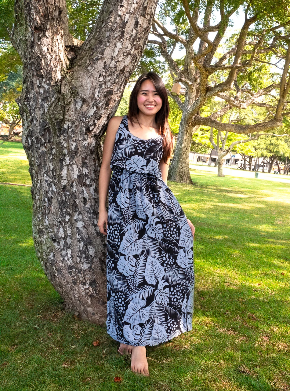 Napua Collection Ruffle Maxi Dress - Monstera Palm: Black 3 Napua Collection Ruffle Maxi Dress - Monstera Palm: Black