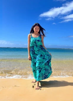 Napua Collection Ruffle Maxi Dress - Monstera Palm: Blue -Fashion Store D5Front 77517.1701903172